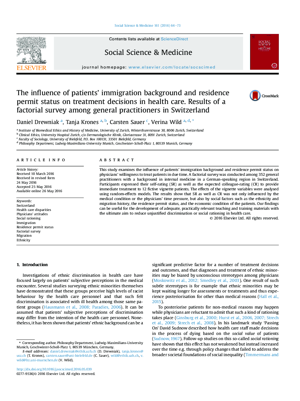 The influence of patients' immigration background and residence permit status on treatment decisions in health care. Results of a factorial survey among general practitioners in Switzerland