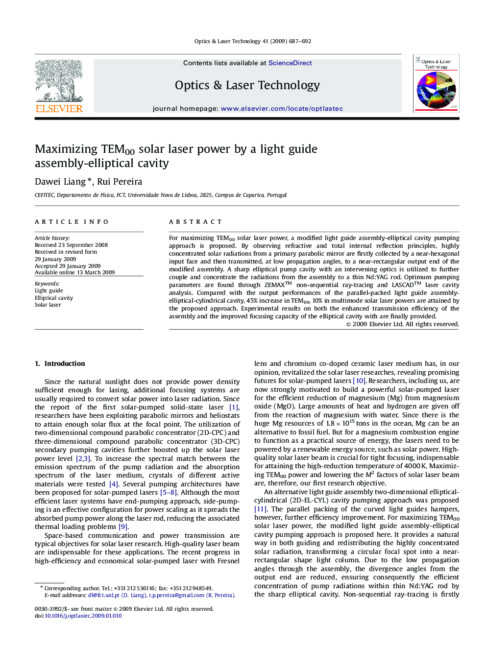 Maximizing TEM00 solar laser power by a light guide assembly-elliptical cavity