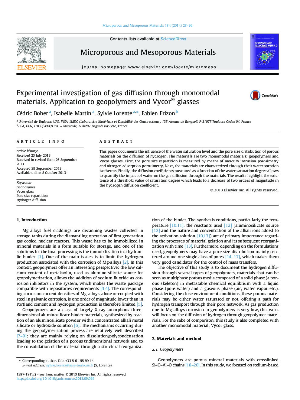 Experimental investigation of gas diffusion through monomodal materials. Application to geopolymers and Vycor® glasses