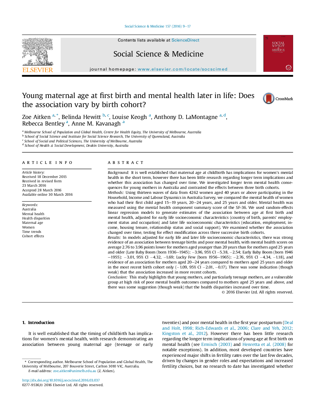 Young maternal age at first birth and mental health later in life: Does the association vary by birth cohort?