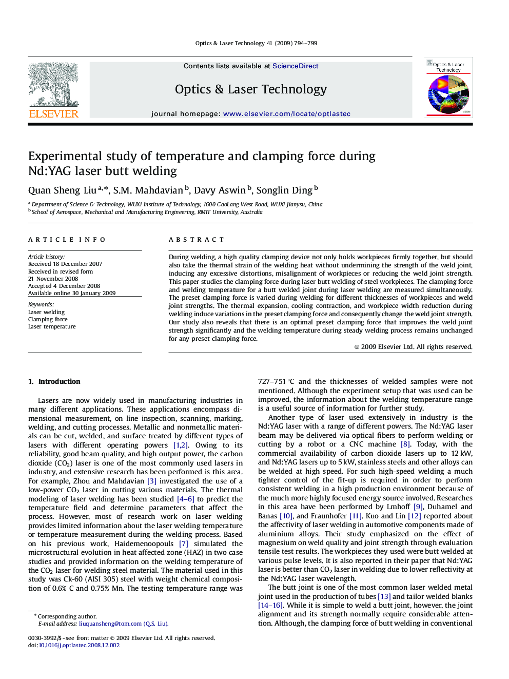 Experimental study of temperature and clamping force during Nd:YAG laser butt welding