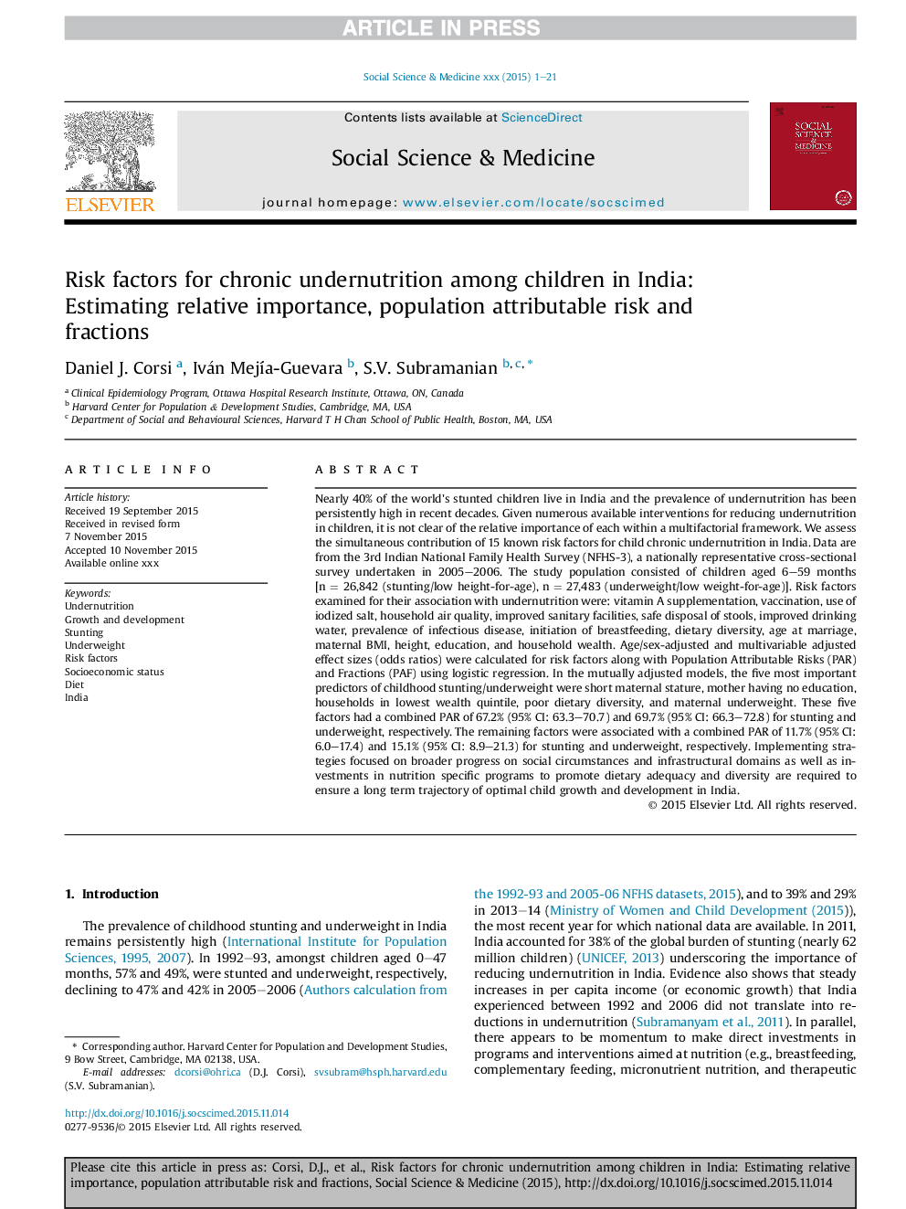 Risk factors for chronic undernutrition among children in India: Estimating relative importance, population attributable risk and fractions