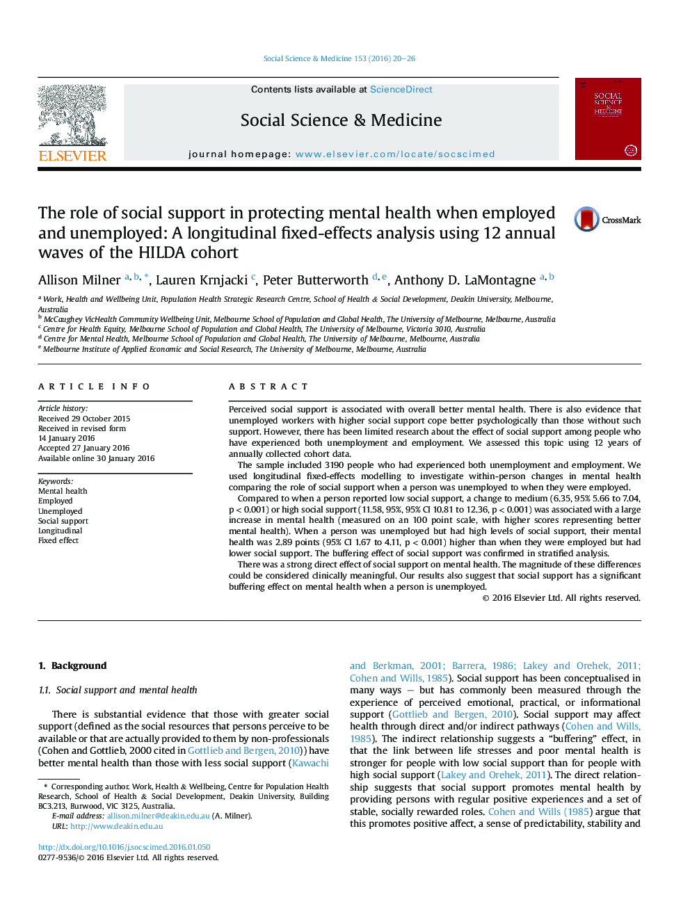 The role of social support in protecting mental health when employed and unemployed: A longitudinal fixed-effects analysis using 12 annual waves of the HILDA cohort