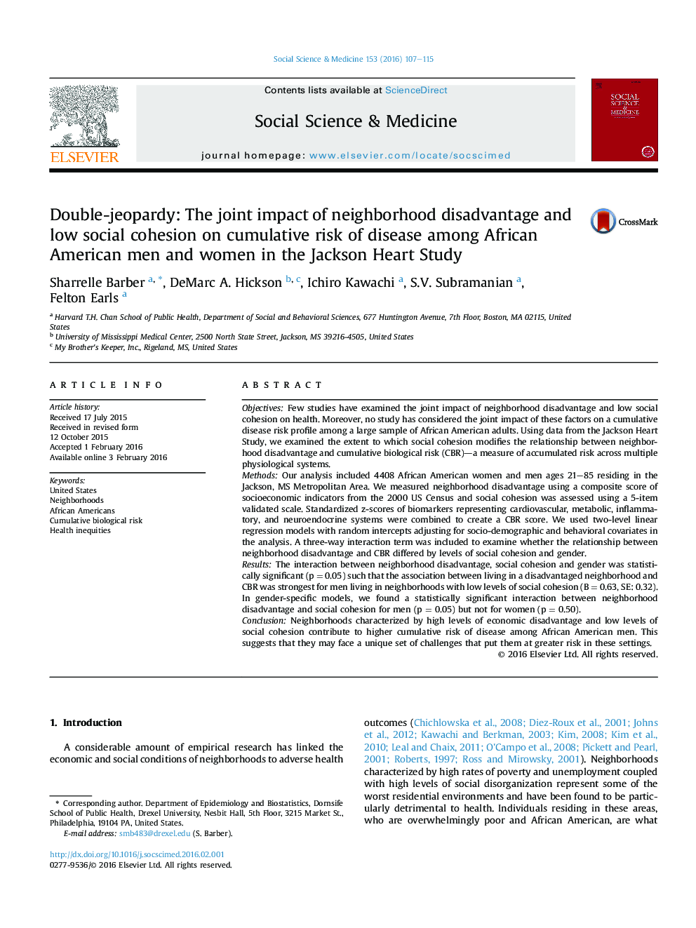 Double-jeopardy: The joint impact of neighborhood disadvantage and low social cohesion on cumulative risk of disease among African American men and women in the Jackson Heart Study