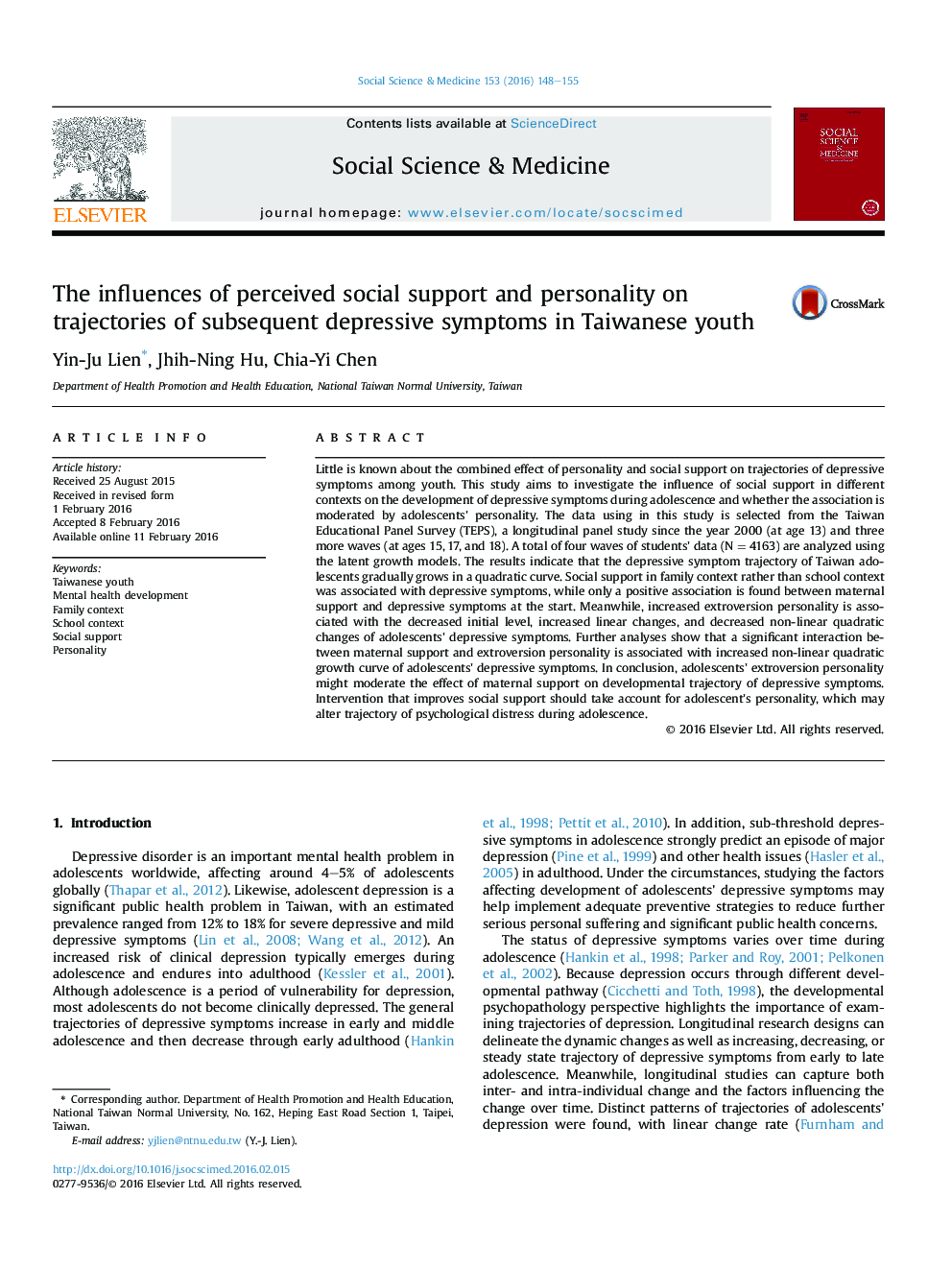 The influences of perceived social support and personality on trajectories of subsequent depressive symptoms in Taiwanese youth