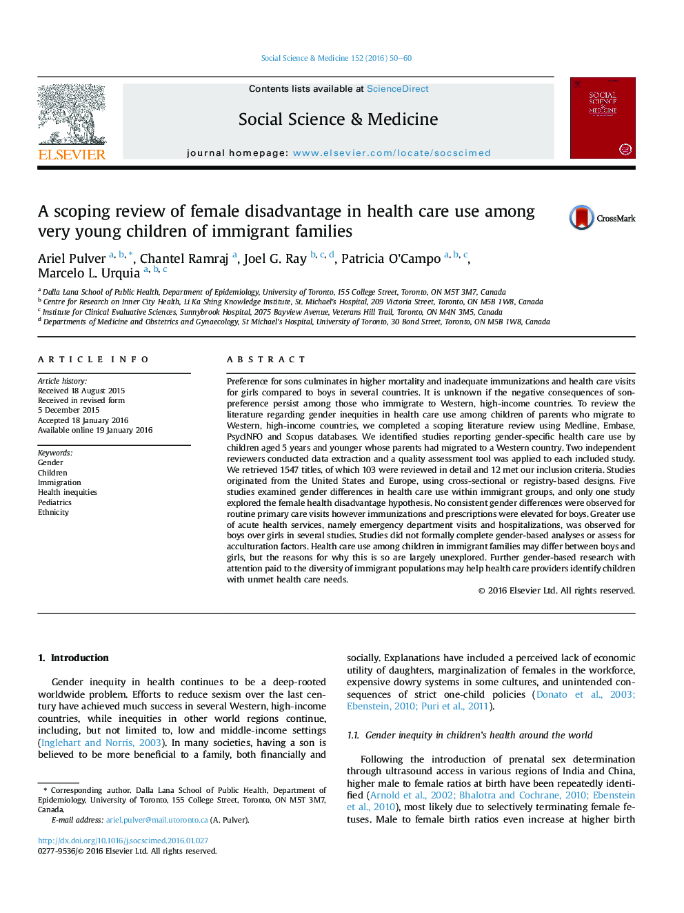 A scoping review of female disadvantage in health care use among very young children of immigrant families