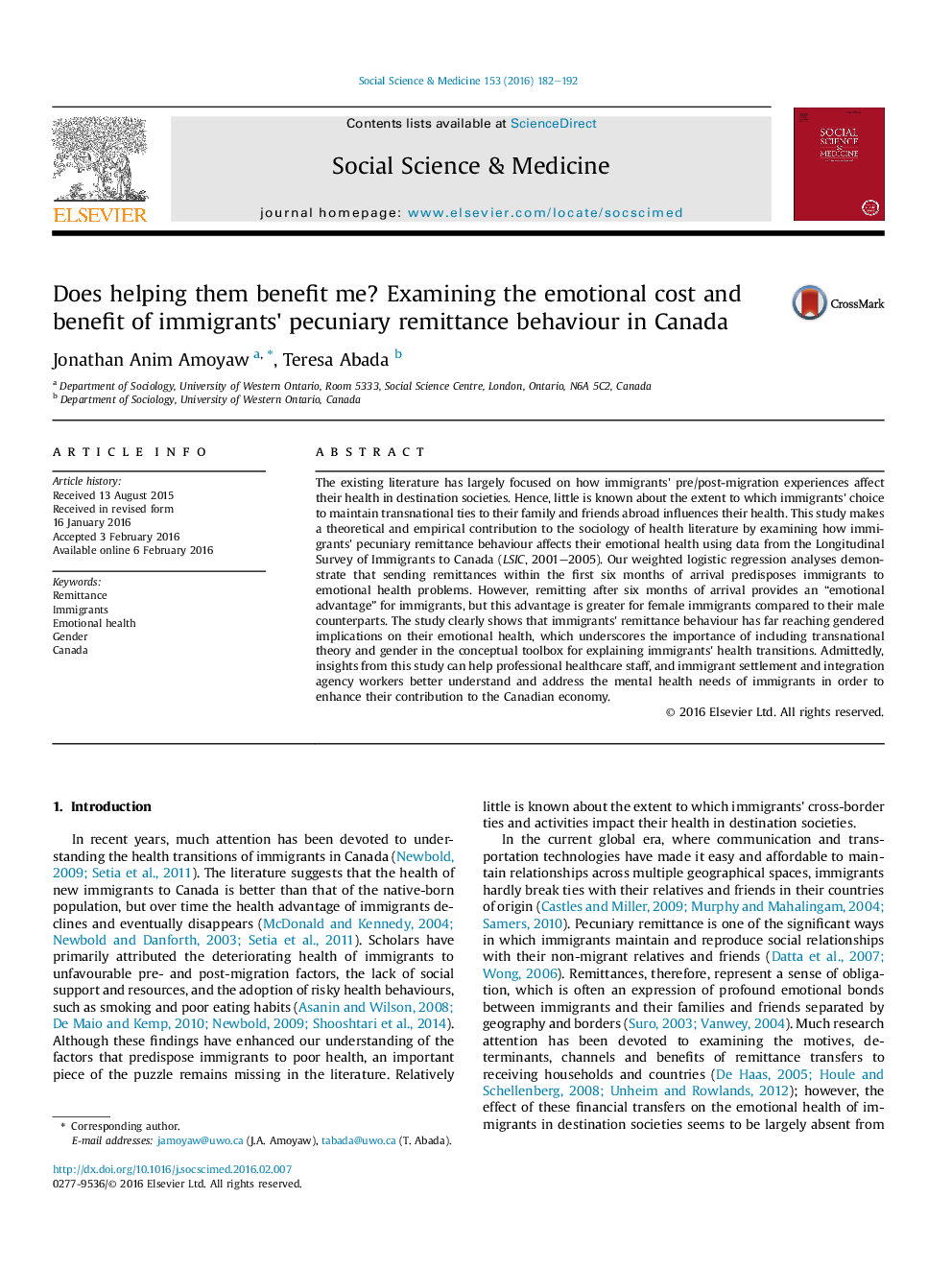 Does helping them benefit me? Examining the emotional cost and benefit of immigrants' pecuniary remittance behaviour in Canada