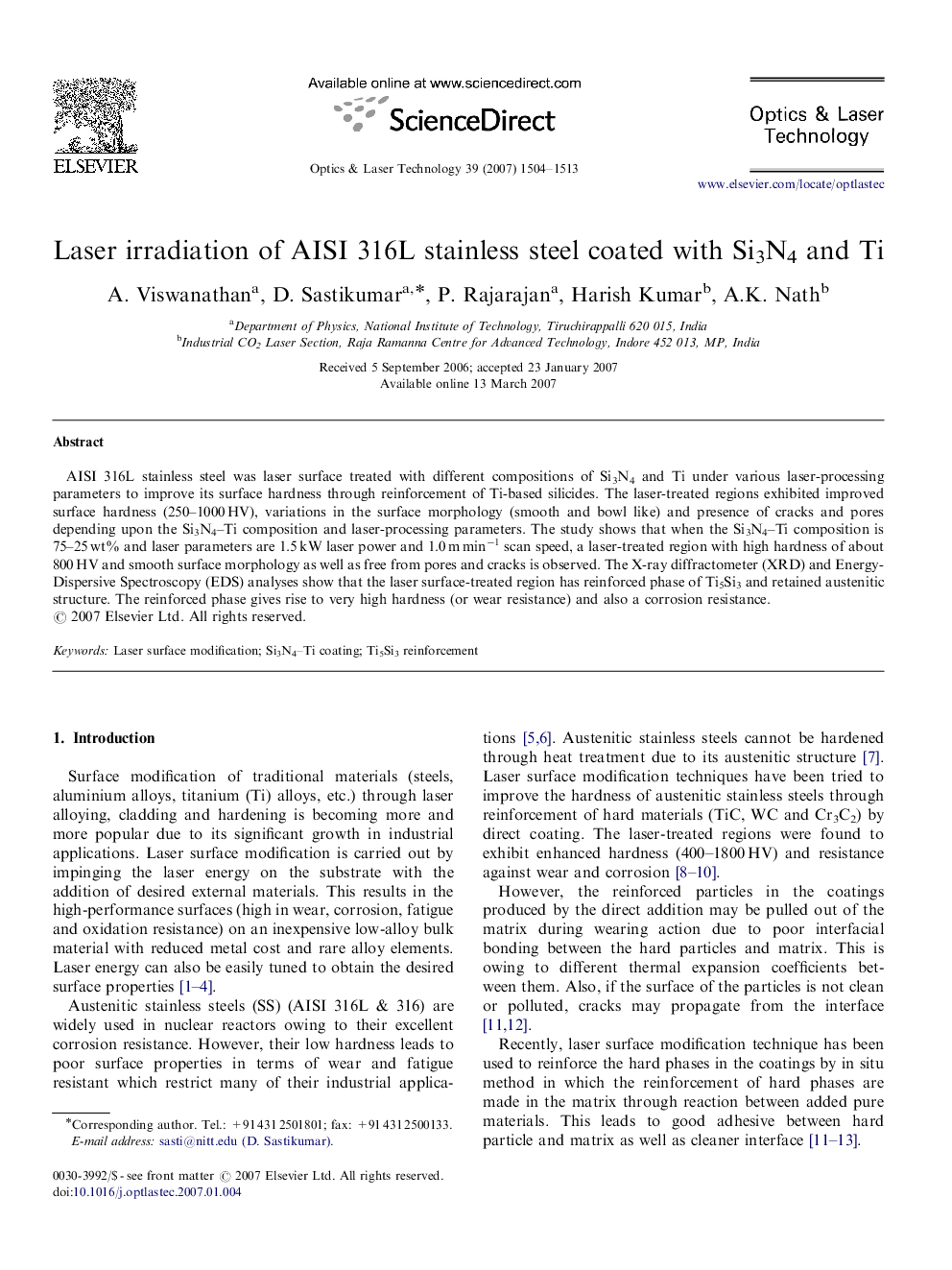 Laser irradiation of AISI 316L stainless steel coated with Si3N4 and Ti