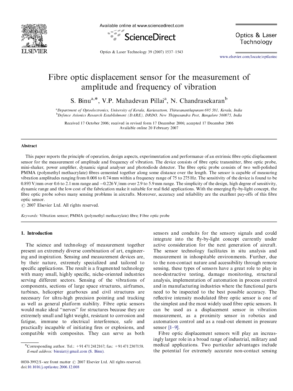 عکس صفحه اول مقاله: Fibre optic displacement sensor for the measurement of amplitude and frequency of vibration Fibre optic displacement sensor for the measurement of amplitude and frequency of vibration