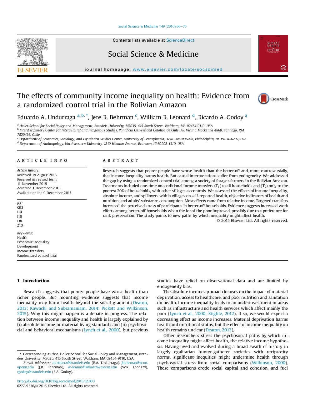 The effects of community income inequality on health: Evidence from a randomized control trial in the Bolivian Amazon