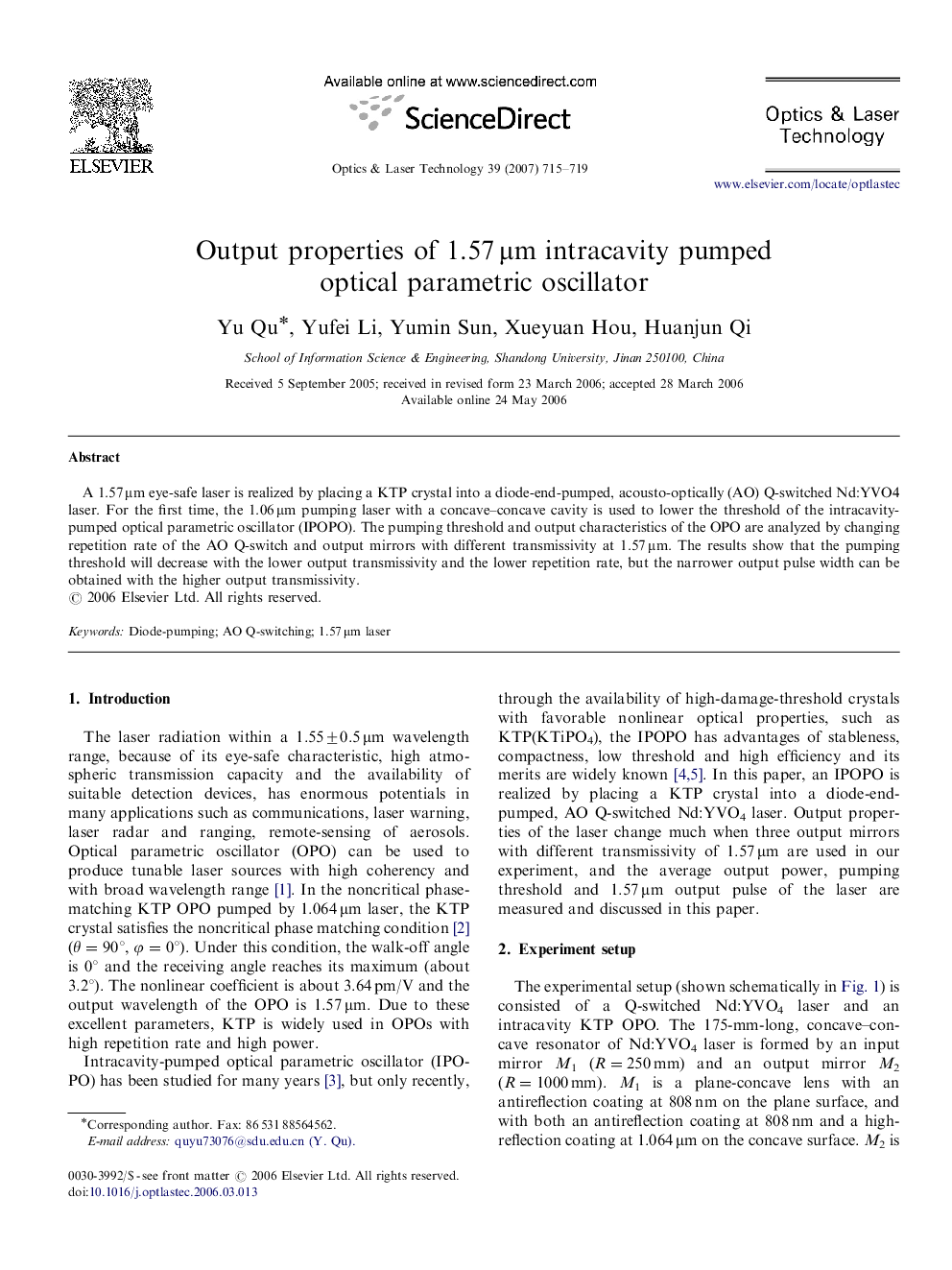 Output properties of 1.57Â Î¼m intracavity pumped optical parametric oscillator