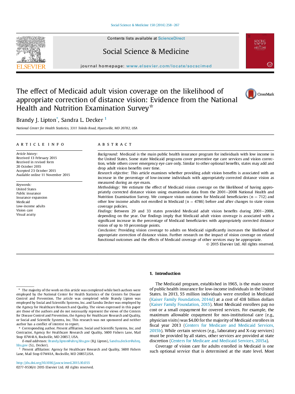 The effect of Medicaid adult vision coverage on the likelihood of appropriate correction of distance vision: Evidence from the National Health and Nutrition Examination Survey