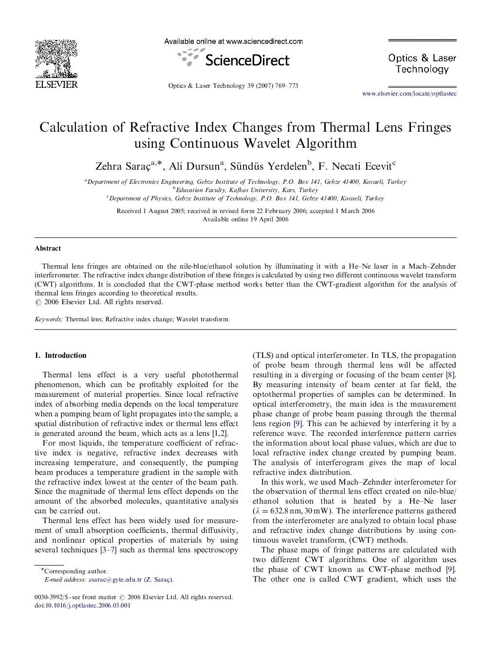 Calculation of Refractive Index Changes from Thermal Lens Fringes using Continuous Wavelet Algorithm