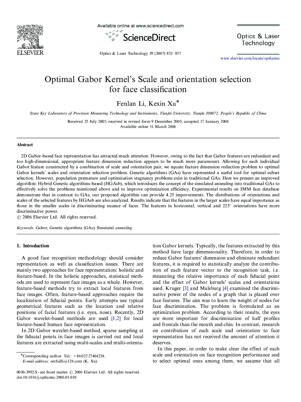 Optimal Gabor Kernel's Scale and orientation selection for face classification