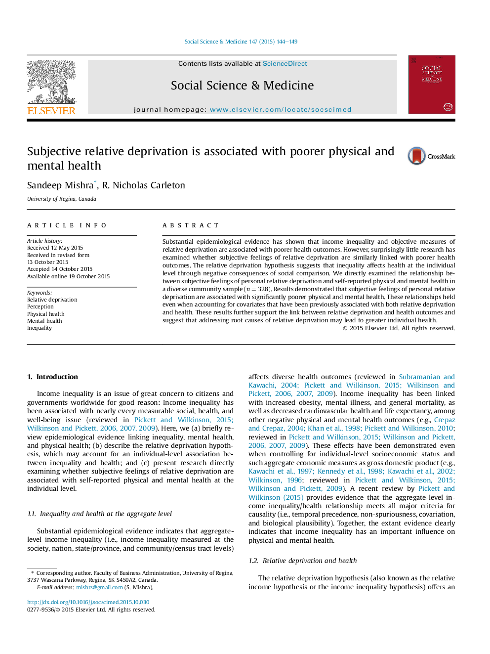 Subjective relative deprivation is associated with poorer physical and mental health