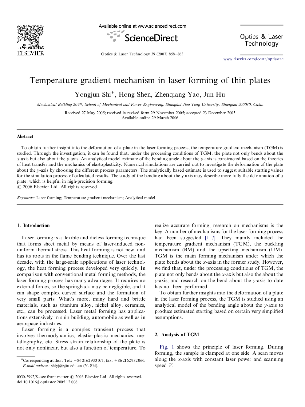 Temperature gradient mechanism in laser forming of thin plates