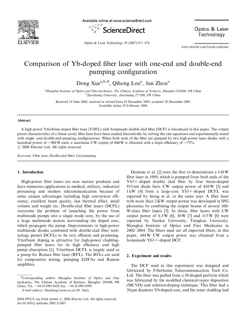 Comparison of Yb-doped fiber laser with one-end and double-end pumping configuration