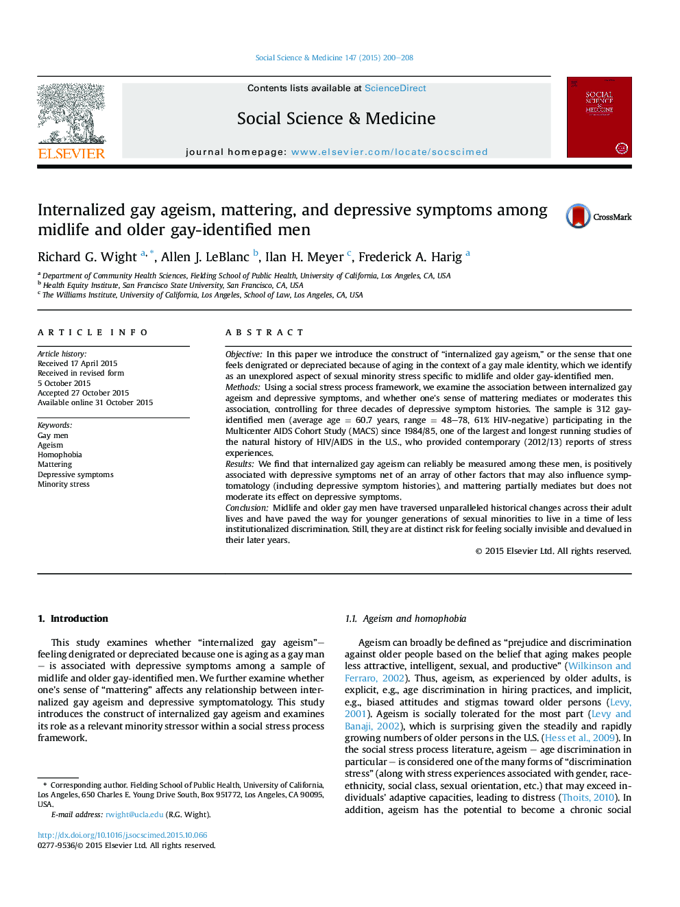 Internalized gay ageism, mattering, and depressive symptoms among midlife and older gay-identified men