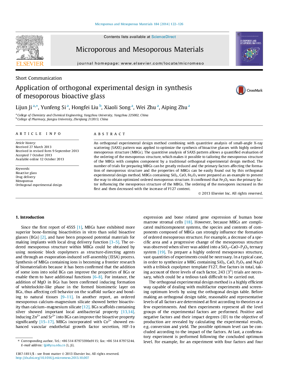 Application of orthogonal experimental design in synthesis of mesoporous bioactive glass