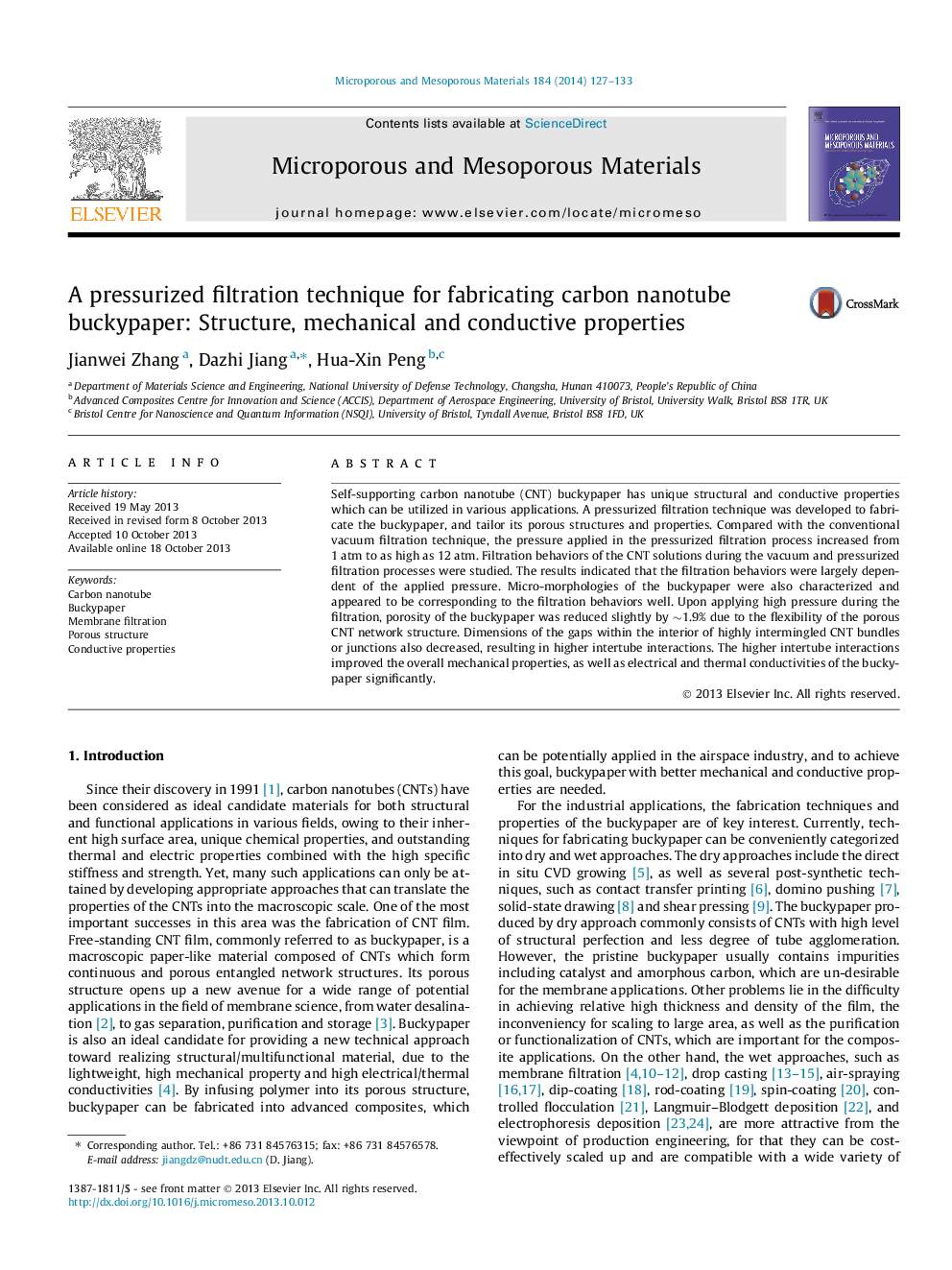 عکس صفحه اول مقاله: A pressurized filtration technique for fabricating carbon nanotube buckypaper: Structure, mechanical and conductive properties A pressurized filtration technique for fabricating carbon nanotube buckypaper: Structure, mechanical and conductive properties