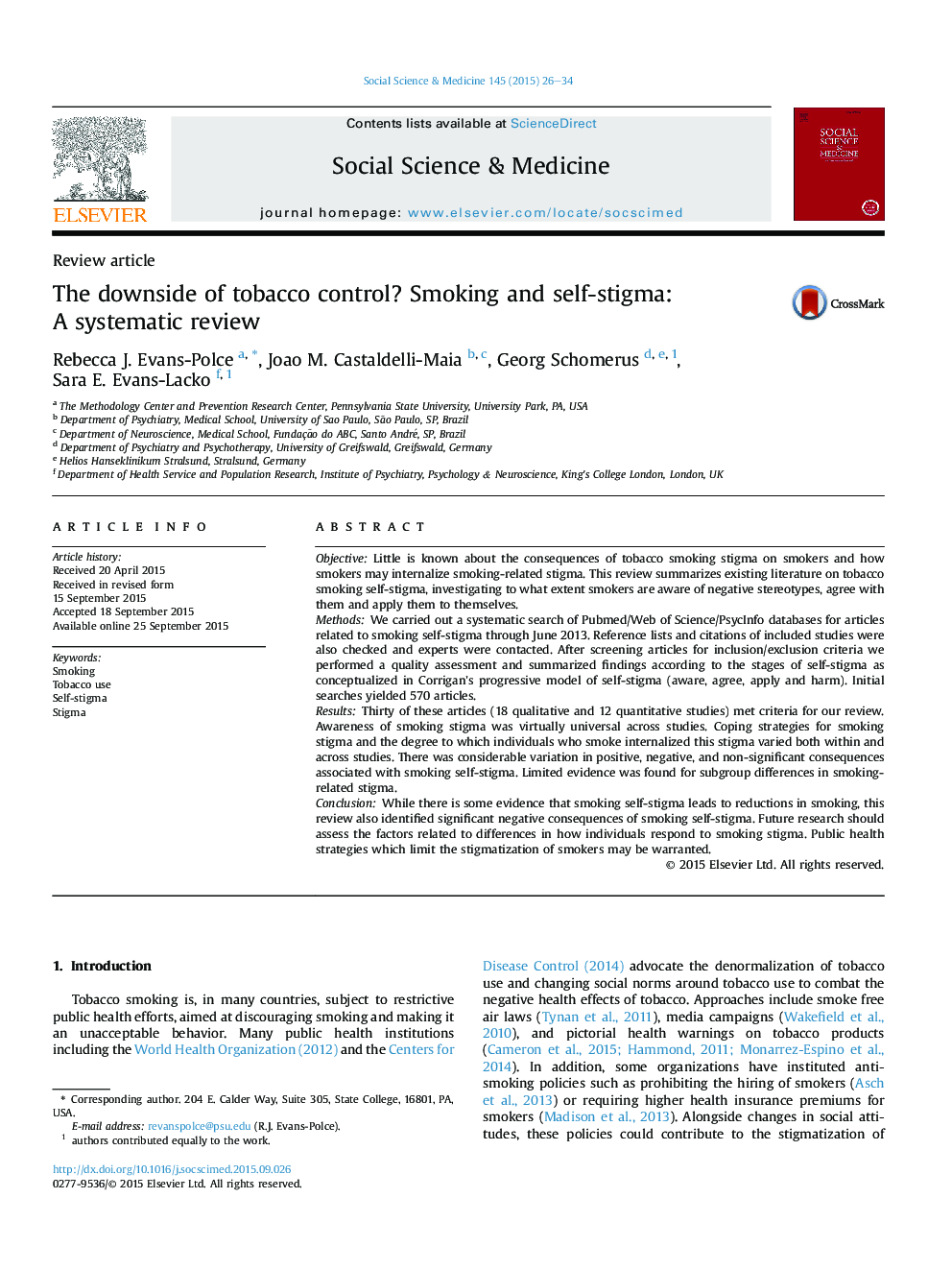 The downside of tobacco control? Smoking and self-stigma: AÂ systematic review