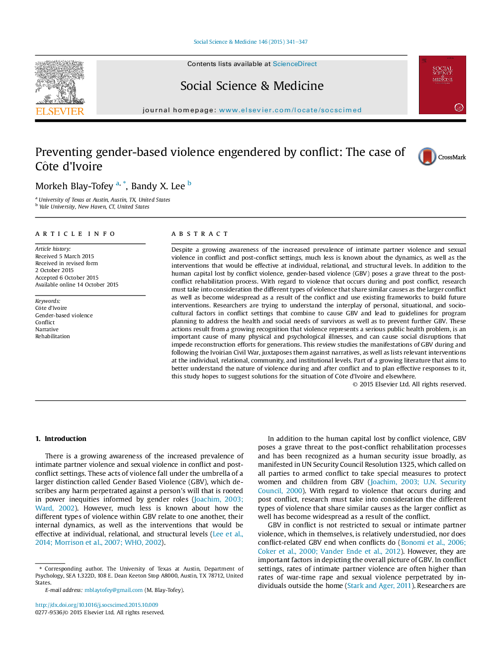 Preventing gender-based violence engendered by conflict: The case of CÃ´te d'Ivoire