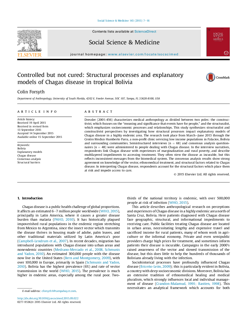 Controlled but not cured: Structural processes and explanatory models of Chagas disease in tropical Bolivia