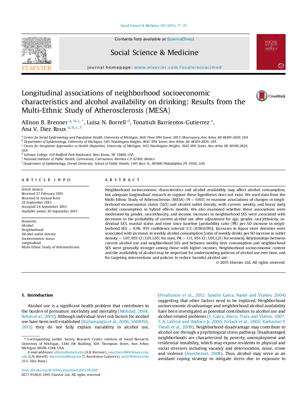 Longitudinal associations of neighborhood socioeconomic characteristics and alcohol availability on drinking: Results from the Multi-Ethnic Study of Atherosclerosis (MESA)