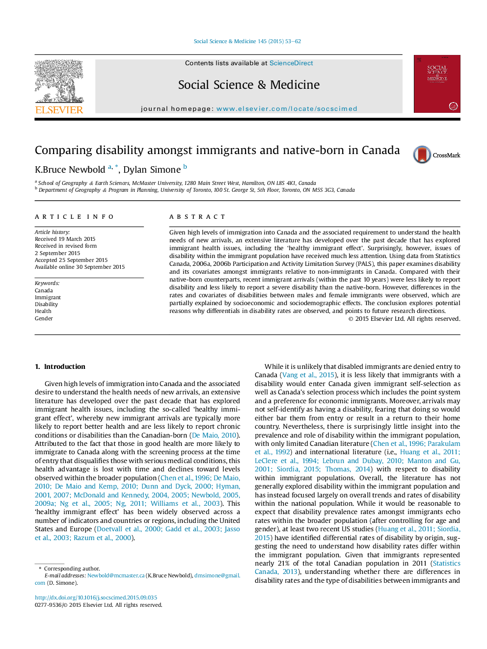 Comparing disability amongst immigrants and native-born in Canada