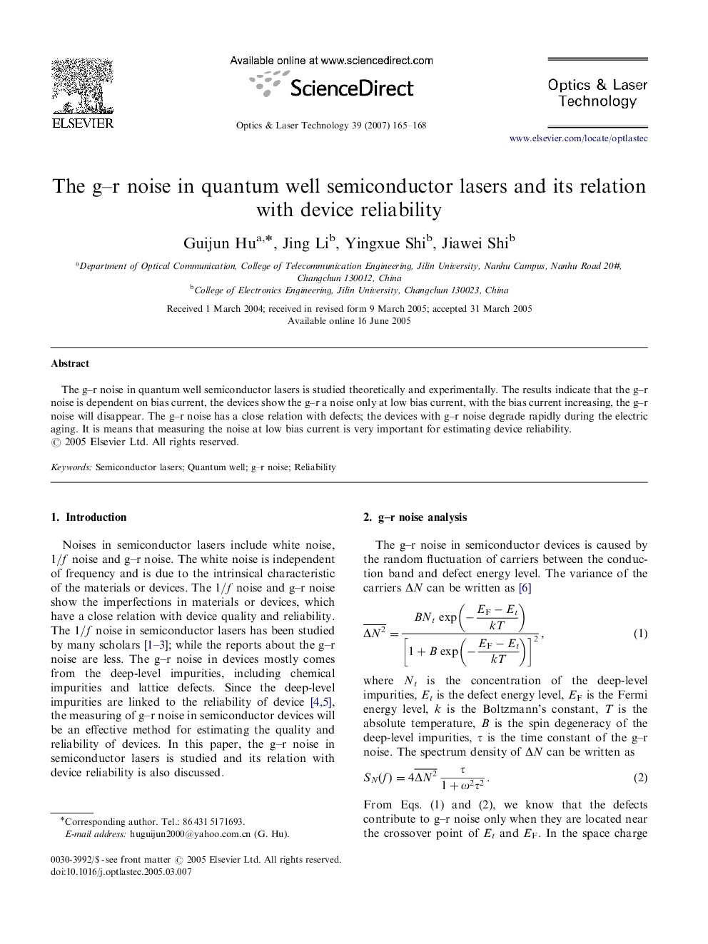 The g–r noise in quantum well semiconductor lasers and its relation with device reliability