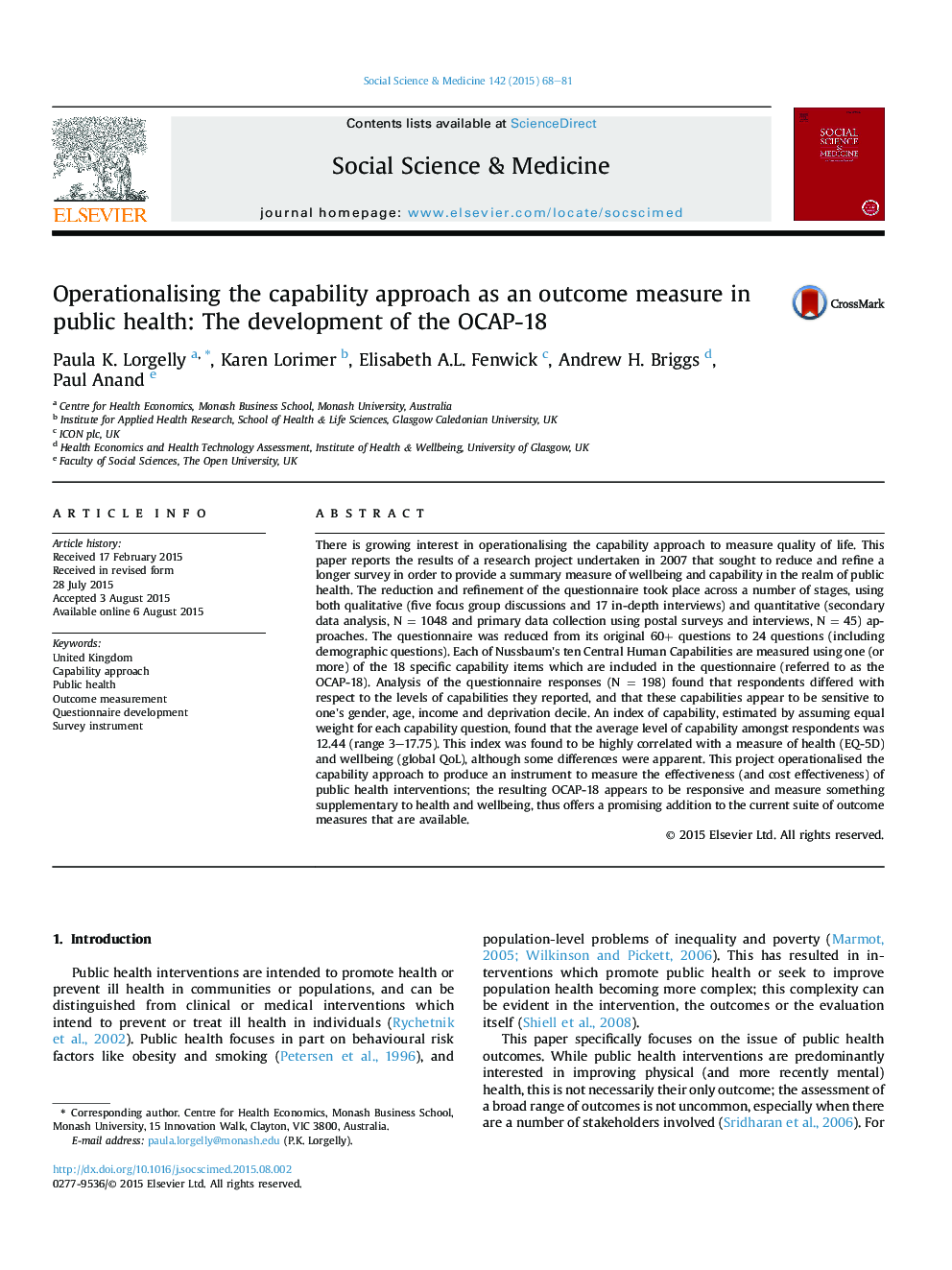 Operationalising the capability approach as an outcome measure in public health: The development of the OCAP-18