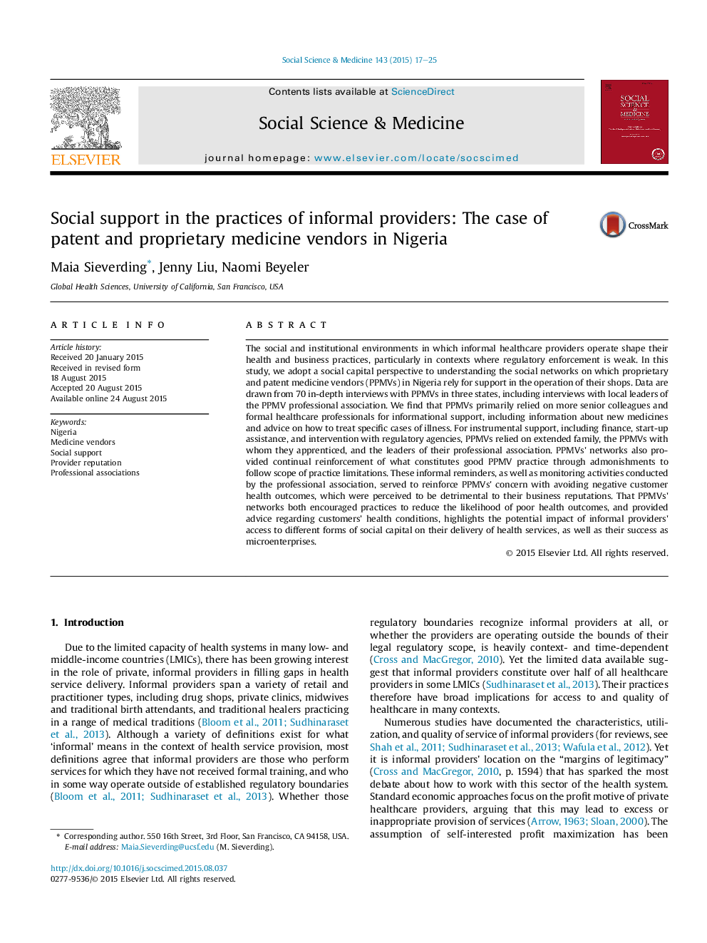 Social support in the practices of informal providers: The case of patent and proprietary medicine vendors in Nigeria