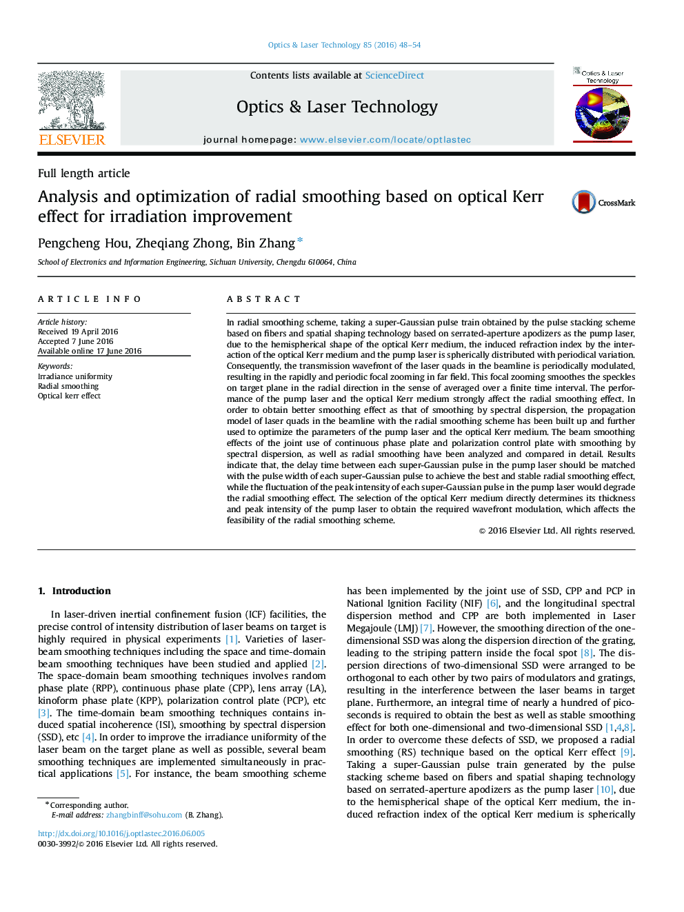 Analysis and optimization of radial smoothing based on optical Kerr effect for irradiation improvement