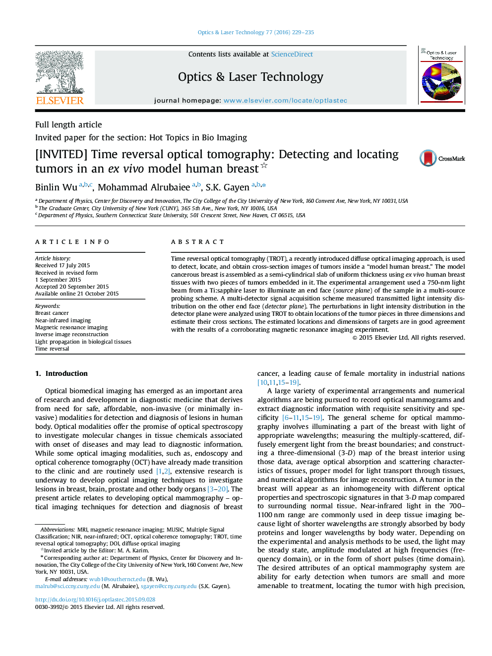 [INVITED] Time reversal optical tomography: Detecting and locating tumors in an ex vivo model human breast 