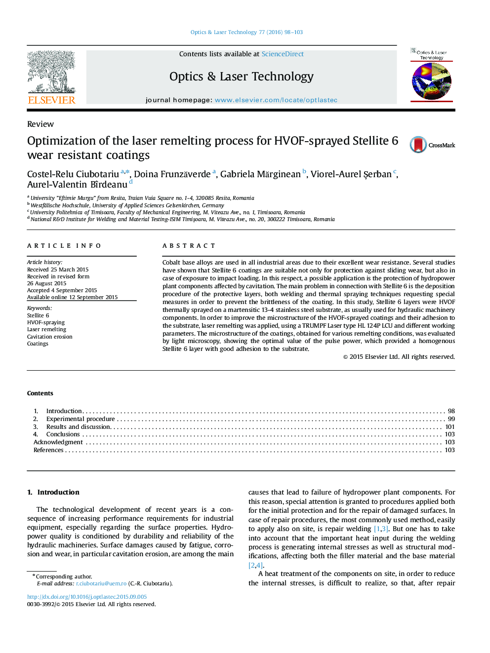 Optimization of the laser remelting process for HVOF-sprayed Stellite 6 wear resistant coatings