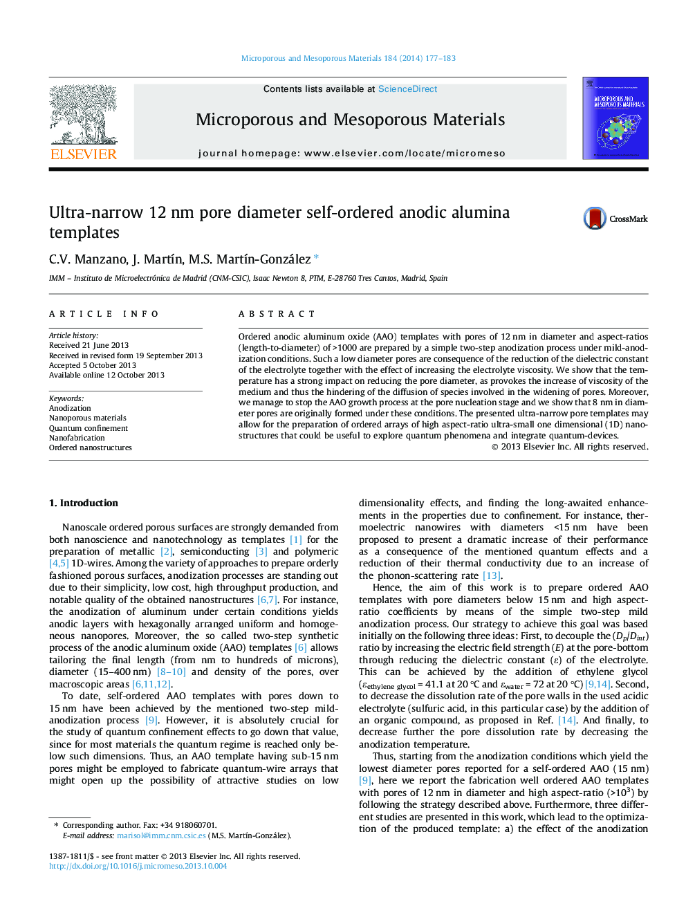 Ultra-narrow 12 nm pore diameter self-ordered anodic alumina templates