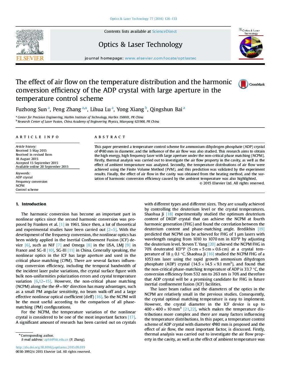 The effect of air flow on the temperature distribution and the harmonic conversion efficiency of the ADP crystal with large aperture in the temperature control scheme