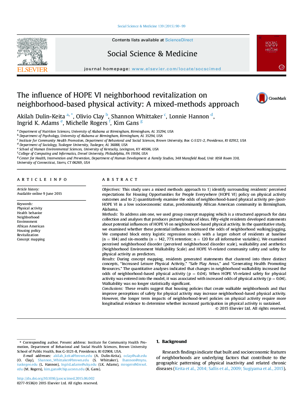 The influence of HOPE VI neighborhood revitalization on neighborhood-based physical activity: A mixed-methods approach