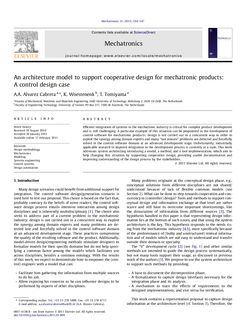 An architecture model to support cooperative design for mechatronic products: A control design case