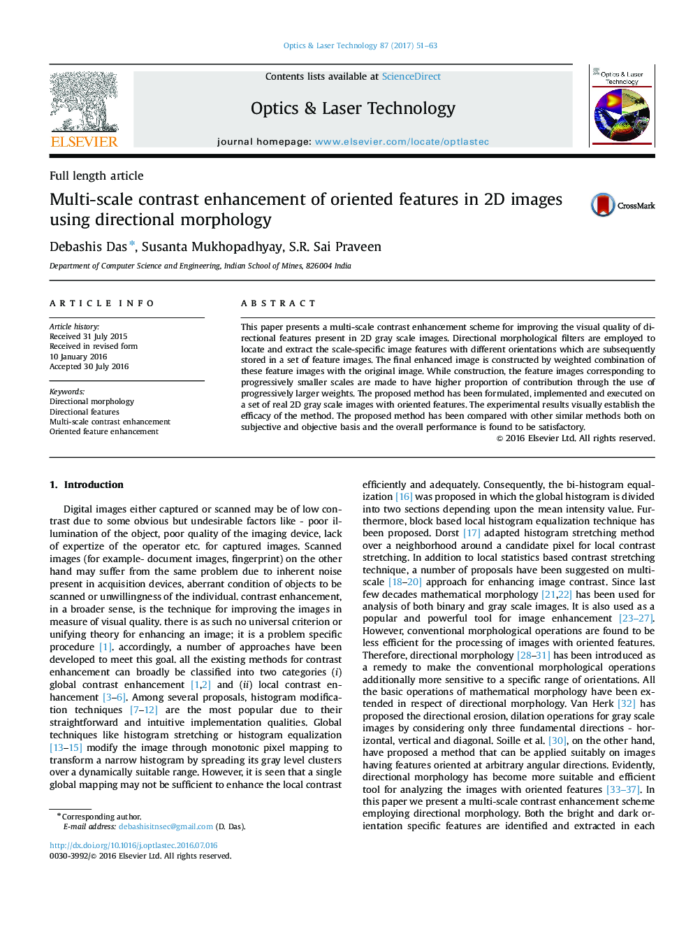 Multi-scale contrast enhancement of oriented features in 2D images using directional morphology