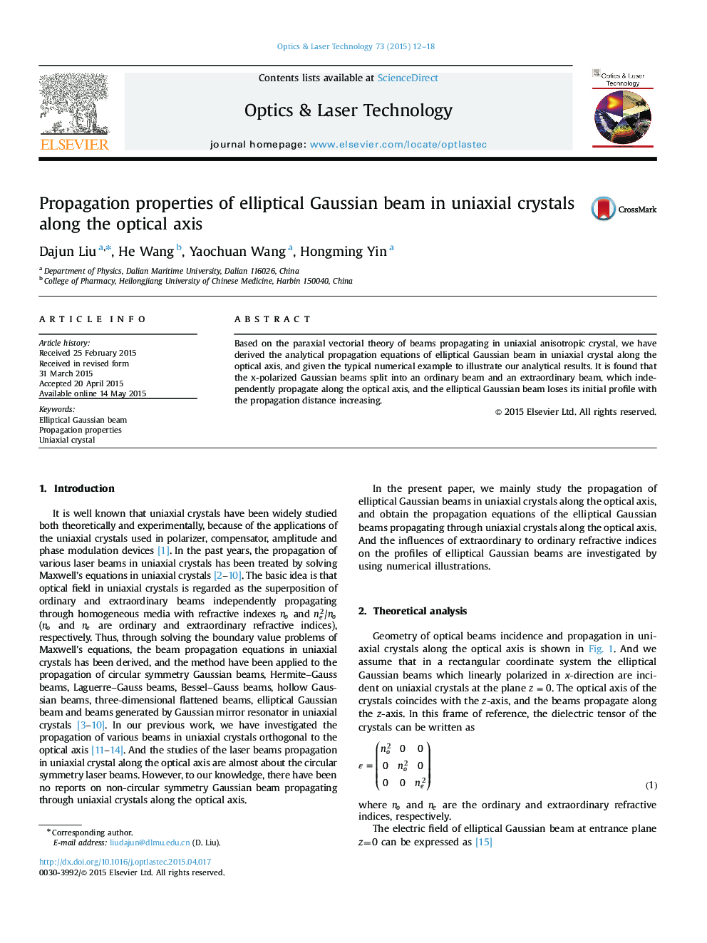 Propagation properties of elliptical Gaussian beam in uniaxial crystals along the optical axis