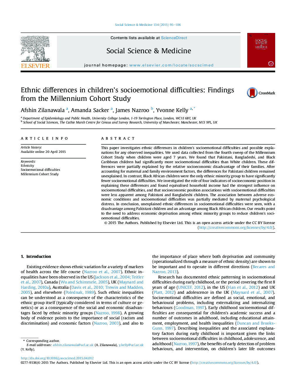 Ethnic differences in children's socioemotional difficulties: Findings from the Millennium Cohort Study