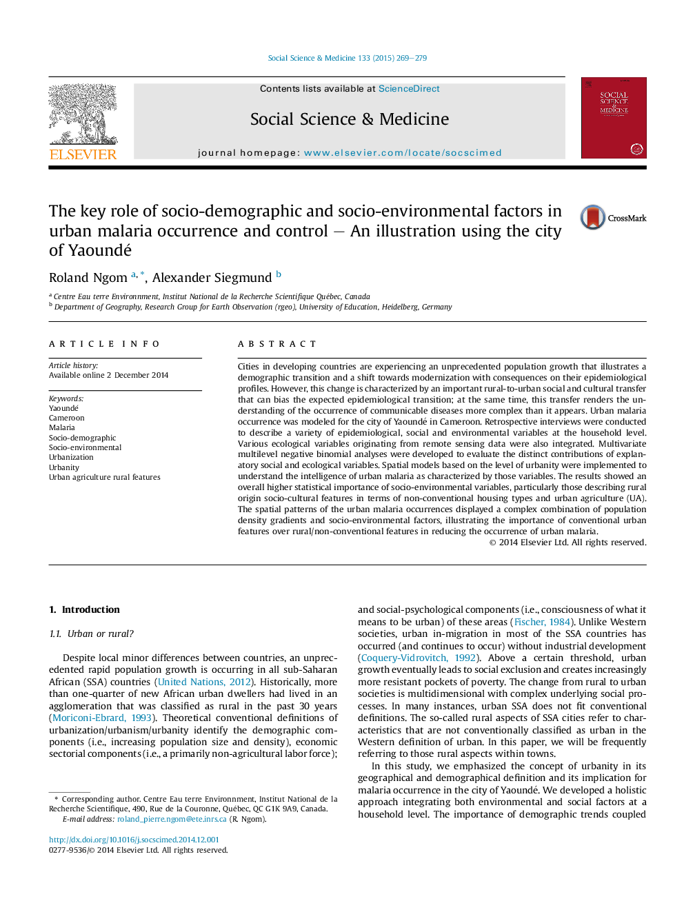 The key role of socio-demographic and socio-environmental factors in urban malaria occurrence and control - An illustration using the city of Yaoundé