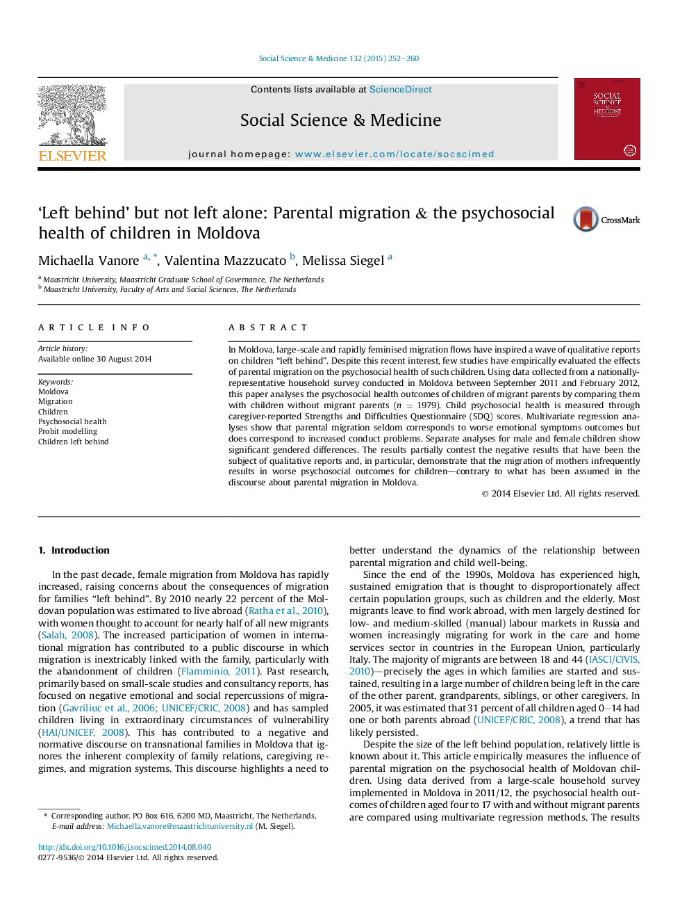 'Left behind' but not left alone: Parental migration & the psychosocial health of children in Moldova