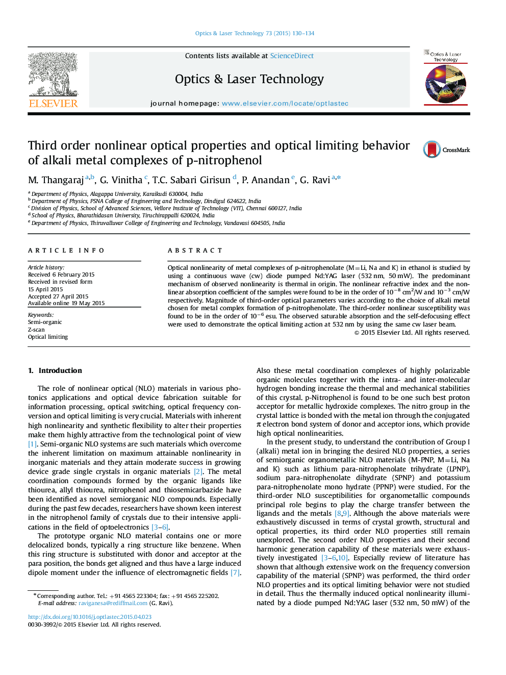 Third order nonlinear optical properties and optical limiting behavior of alkali metal complexes of p-nitrophenol