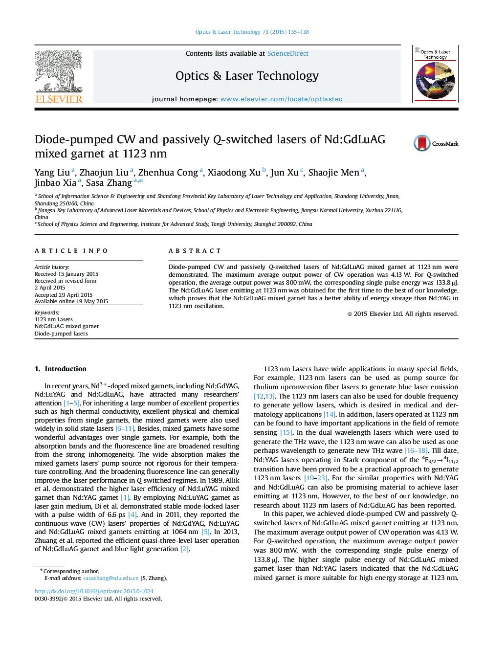 Diode-pumped CW and passively Q-switched lasers of Nd:GdLuAG mixed garnet at 1123 nm