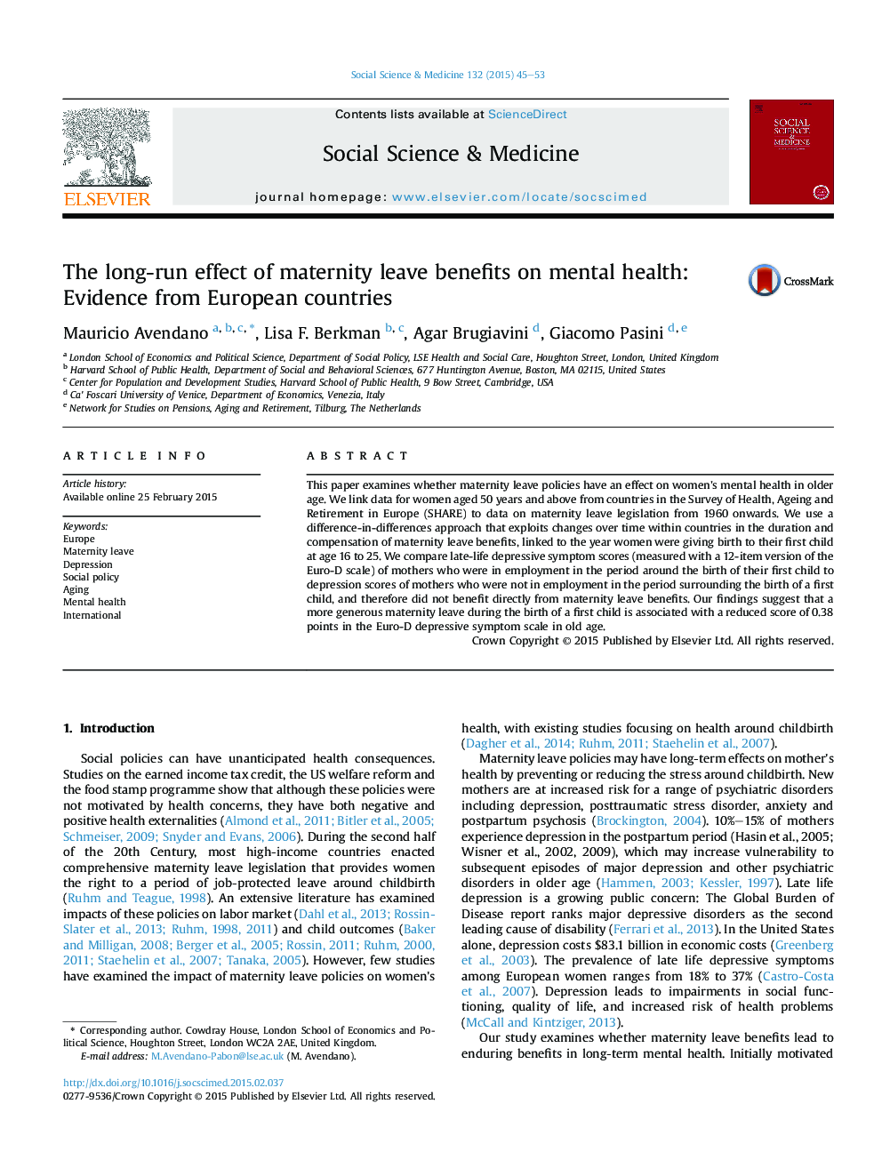 The long-run effect of maternity leave benefits on mental health: Evidence from European countries