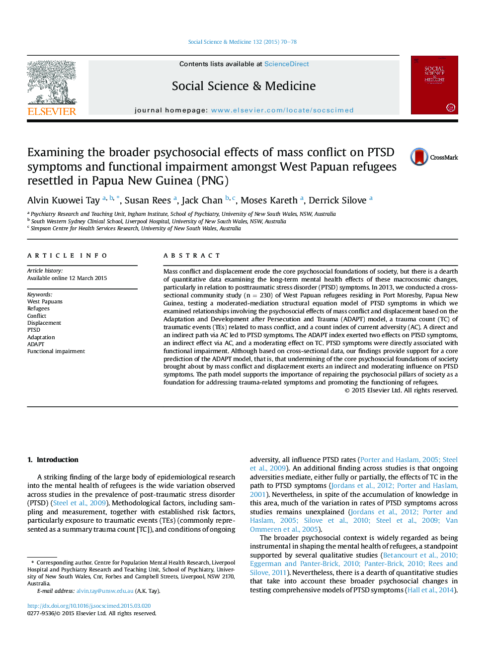 Examining the broader psychosocial effects of mass conflict on PTSD symptoms and functional impairment amongst West Papuan refugees resettled in Papua New Guinea (PNG)