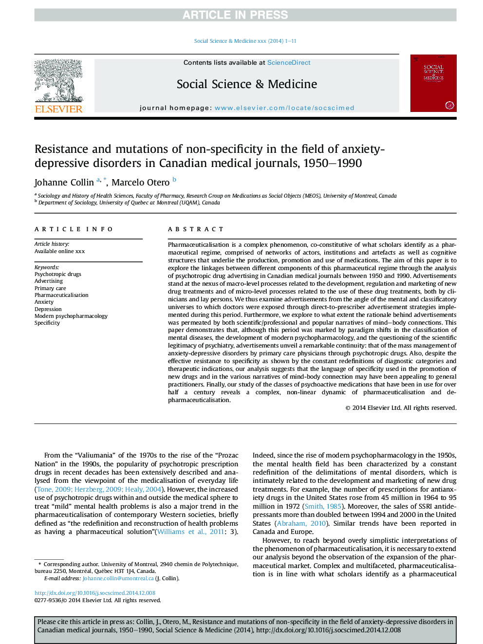 Resistance and mutations of non-specificity in the field of anxiety-depressive disorders in Canadian medical journals, 1950-1990