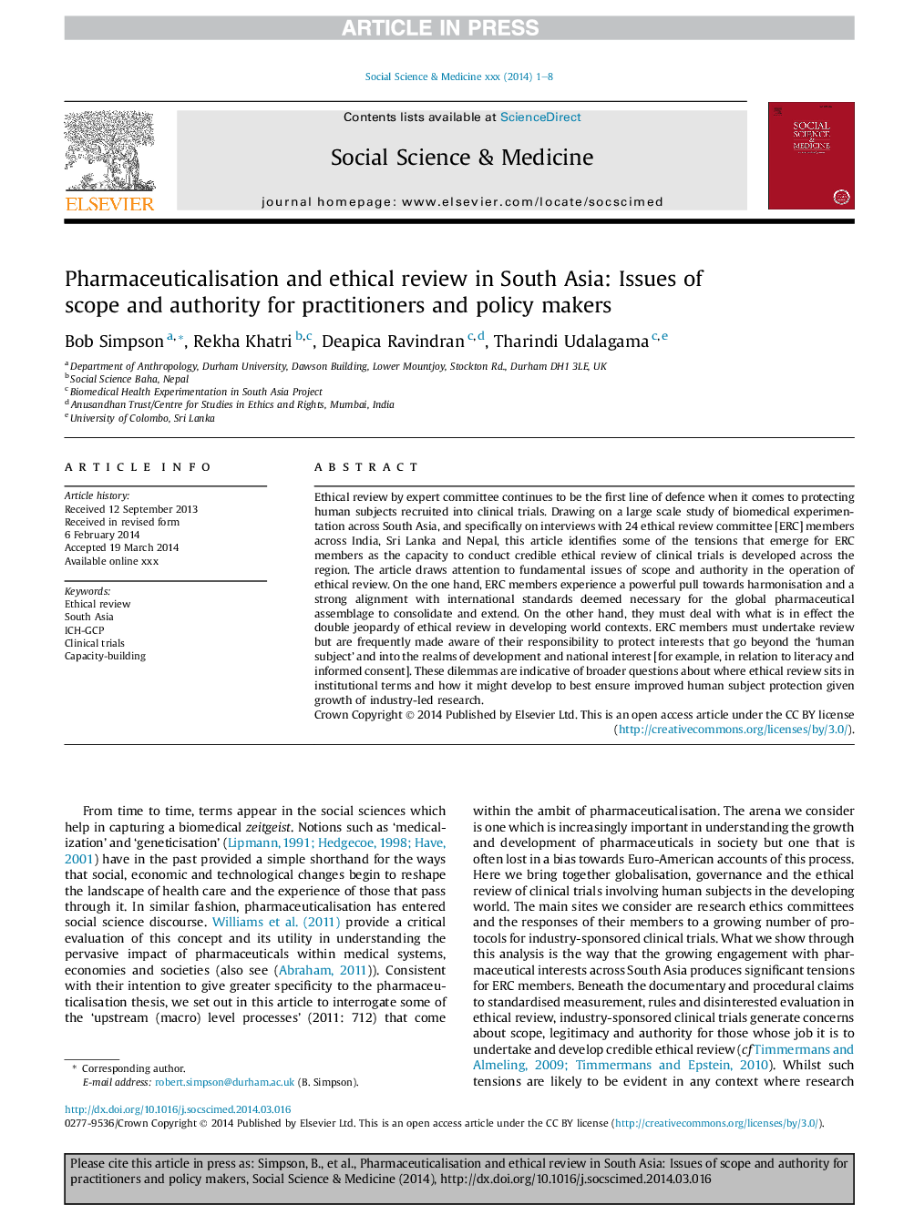 Pharmaceuticalisation and ethical review in South Asia: Issues of scope and authority for practitioners and policy makers